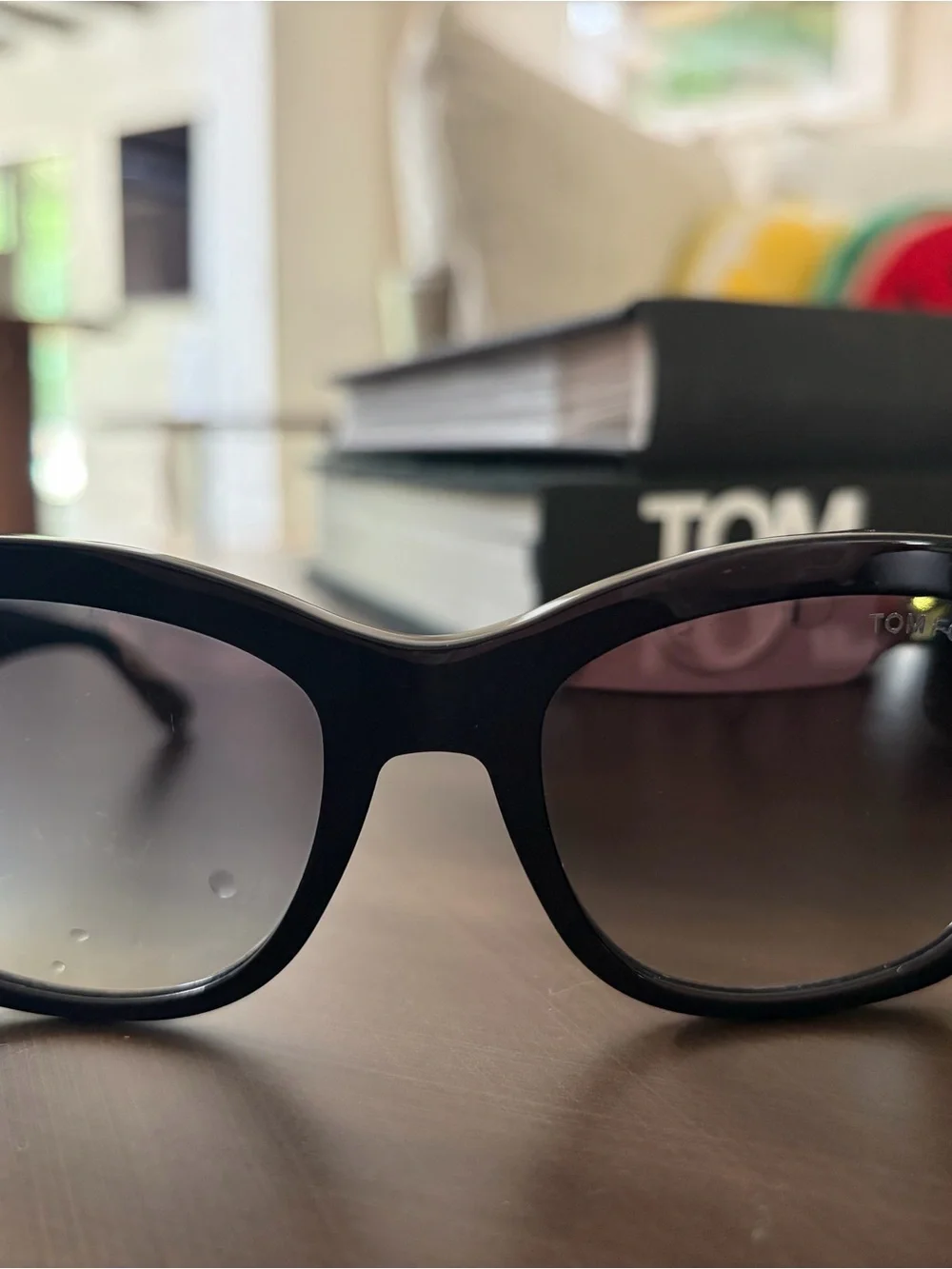 Tom Ford Black Frame Sunglasses with Gradient Gray Lenses. Has a small blemish